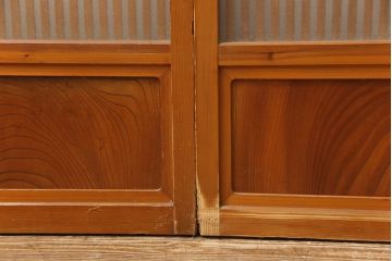 アンティーク建具　昭和中期　腰板ケヤキ材　すりガラスの風情あるデザインと明るい色合いの格子が魅力的な裏ガラス入り格子戸4枚セット(引き戸、帯ガラス戸)(R-053520)