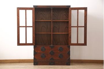 中古　美品　岩谷堂箪笥　ケヤキ材　漆塗りと迫力ある木目が美しい書棚(本棚、本箱、ブックケース、戸棚、収納棚、キャビネット)(R-053544)