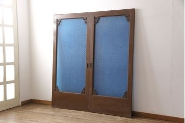 和製アンティーク　奇跡の逸品!　大判青色ガラスがインパクト抜群のガラス戸2枚セット(建具、引き戸)(R-053715)