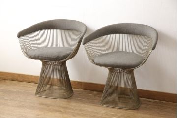希少!　名作ビンテージ　Knoll(ノル)社製　ウォーレン・プラットナー　シンプルモダンなサイドチェア2脚セット(ワイヤーチェア、ラウンジチェア)(R-053729)