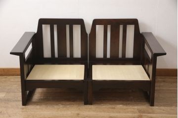 中古　北海道民芸家具　シックな大人空間におすすめの2人掛けソファ(2P、二人掛け、アームソファ)(R-053759)