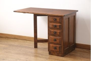 中古　美品　九州民芸家具　カバ材　コンパクトさが魅力的な折り畳み天板デスク(机、在宅ワーク、在宅用テーブル、作業台、サイドチェスト)(R-053765)