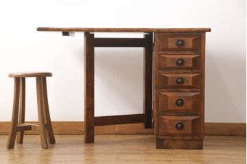 中古　美品　九州民芸家具　カバ材　コンパクトさが魅力的な折り畳み天板デスク(机、在宅ワーク、在宅用テーブル、作業台、サイドチェスト)(R-053765)