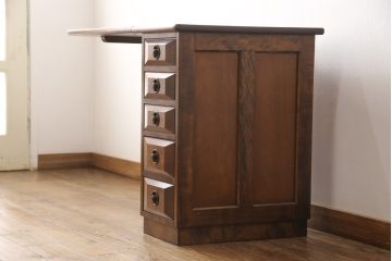 中古　美品　九州民芸家具　カバ材　コンパクトさが魅力的な折り畳み天板デスク(机、在宅ワーク、在宅用テーブル、作業台、サイドチェスト)(R-053765)