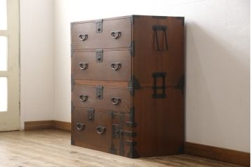 和製アンティーク　極上美品　前面ケヤキ材　品のある佇まい目を引く時代箪笥(和タンス、チェスト、収納箪笥、引き出し)(R-053774)