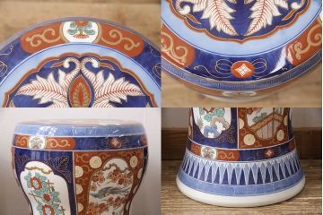 中古　美品　有田焼(伊万里焼)　細やかな絵柄と鮮やかな色づかいが美しいテーブル&イスセット(定価約150万円)(ラウンドテーブル、チェア、椅子)(R-053813)