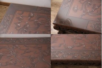 和製ビンテージ　新品ガラス天板付き　全体に彫り込まれた龍の彫刻が迫力たっぷりの座卓(ローテーブル、センターテーブル、ヴィンテージ)(R-053815)