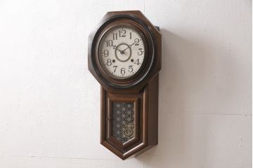 和製アンティーク　当店オリジナル紋様ガラス入り　電池式　八角形のレトロな柱時計(掛け時計、八角時計)(R-053978)
