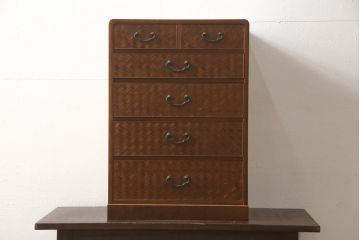 中古　美品　指物家具　前面は桑材+網代(あじろ)　天板と側面は栓材　美しい網代模様が目を引く小引き出し(小物収納、卓上収納)(R-054178)