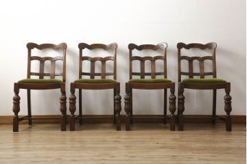 イギリスアンティーク　オーク材　Grange Furnishing Stores　英国よりやってきた!細やかな意匠が随所に施された優雅なチェア4脚セット(ダイニングチェア、椅子)(R-054182)