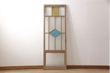 アンティーク建具　大正ロマン　水色と黄色がかわいいアクセント　色ガラス入りガラス扉1枚(ドア、ガラス戸、建具)(R-054191)