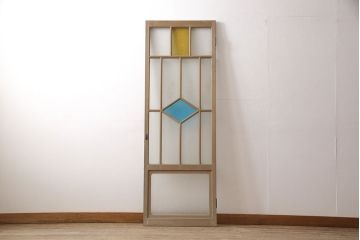 アンティーク建具　大正ロマン　水色と黄色がかわいいアクセント　色ガラス入りガラス扉1枚(ドア、ガラス戸、建具)(R-054191)