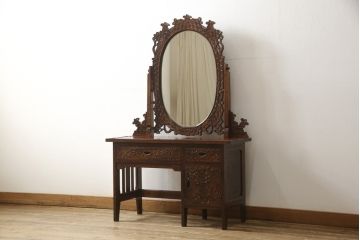 中古　美品　軽井沢彫り　お見事!!桜の彫りの意匠が散りばめられた鏡台(ドレッサー、サイドボード)(R-054217)