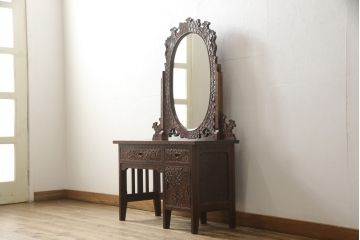 中古　美品　軽井沢彫り　お見事!!桜の彫りの意匠が散りばめられた鏡台(ドレッサー、サイドボード)(R-054217)