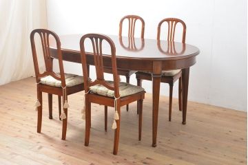 中古　美品　サァラ麻布　笠木の彫りやラタン編みの座面など凝ったデザインが魅力的なダイニングチェア4脚セット(椅子)(4脚定価 約80万円)(R-054311)