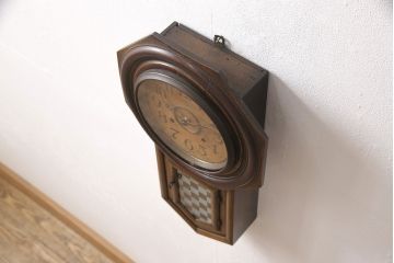 和製アンティーク　大正期　電池式　当店オリジナル紋様ガラス入り　レトロモダンな空間づくりにおすすめの柱時計(掛け時計、八角時計、柱時計、古時計)(R-054413)