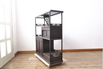和製アンティーク　上手物!　漆塗り　指物　紫檀(シタン)材　細やかな透かし彫りが目を引く飾り棚(茶棚、戸棚)(R-054424)