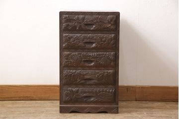 中古　美品　伝統工芸　日光彫り　華やかな花の意匠が魅力的な小引き出し(小物収納、卓上収納)(R-054471)