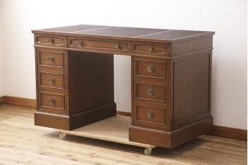 中古　DREXEL HERITAGE(ドレクセルヘリテイジ)　Triune(トライユン)　レザートップが格好いいマホガニー材製のデスク(定価約75万円)(両袖机、在宅ワーク、在宅用ワークデスク)(R-054588)
