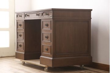 中古　DREXEL HERITAGE(ドレクセルヘリテイジ)　Triune(トライユン)　レザートップが格好いいマホガニー材製のデスク(定価約75万円)(両袖机、在宅ワーク、在宅用ワークデスク)(R-054588)