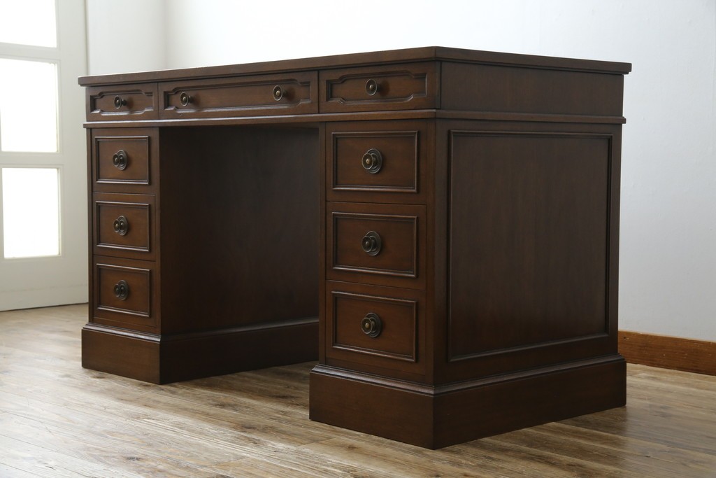 中古　DREXEL HERITAGE(ドレクセルヘリテイジ)　Triune(トライユン)　レザートップが格好いいマホガニー材製のデスク　定価約75万円相当　(R-054588)