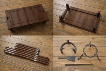 中古　鉄刀木(タガヤサン)　収納力も抜群!上質な和の空間におすすめの囲炉裏テーブルセット(火鉢、4人掛けダイニングテーブル)(R-054644)