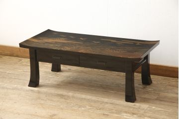 中古　超美品　最高級　輪島塗　宮内庁蒔絵司　木村華邸作　高蒔絵　金蒔絵が素晴らしい文机(サイドテーブル、ローテーブル)(R-054645)