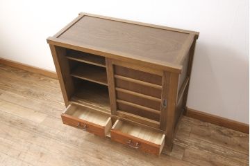中古　タモ材　異なる木の色味を楽しめる三尺水屋箪笥サイドボード(キャビネット、食器棚、戸棚、収納棚)(R-054686)