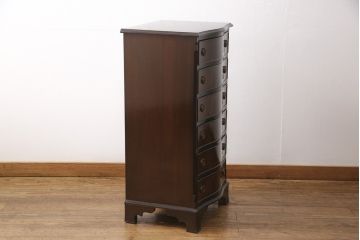 中古　イギリス高級家具　マホガニー材　ロスジョン(ROSJOHN)　イギリス王室御用達　洗練されたデザインが美しい縦型チェスト(引き出し、サイドチェスト、スリムチェスト)(R-054816)