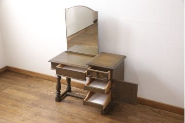 中古　美品　永田良介商店　落ち着いた色合いのドレッサー+スツールのセット(鏡台、ミラー)(R-054909)