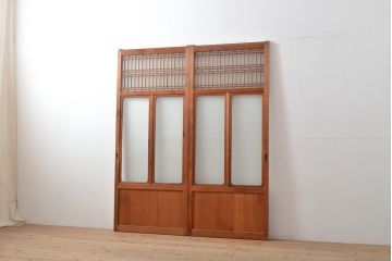和製アンティーク　上品な和の趣漂うガラス戸2枚セット(引き戸、建具)(R-055075)