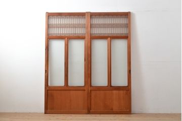 和製アンティーク　上品な和の趣漂うガラス戸2枚セット(引き戸、建具)(R-055075)