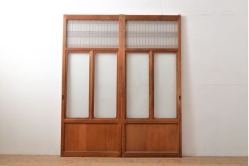 和製アンティーク　上品な和の趣漂うガラス戸2枚セット(引き戸、建具)(R-055075)