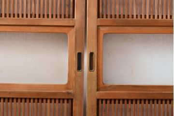 和製アンティーク　整然と並ぶ縦格子が風情溢れる裏障子付き格子戸4枚セット(引き戸、建具)(R-055080)