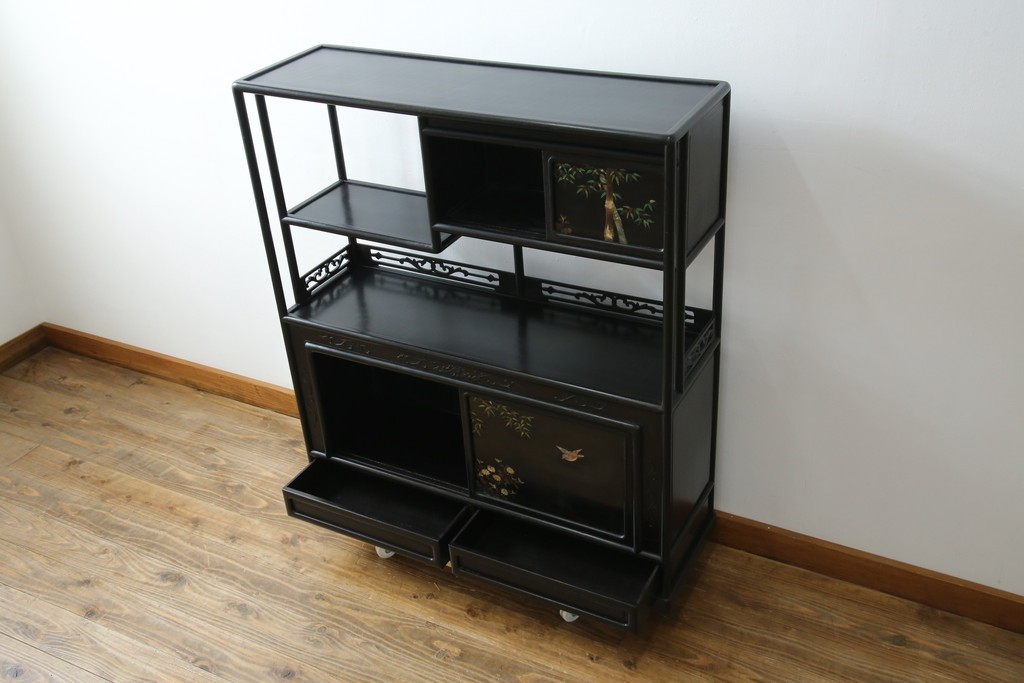 和製アンティーク　唐木　繊細な漆絵が美しい飾り棚　(R-055142)