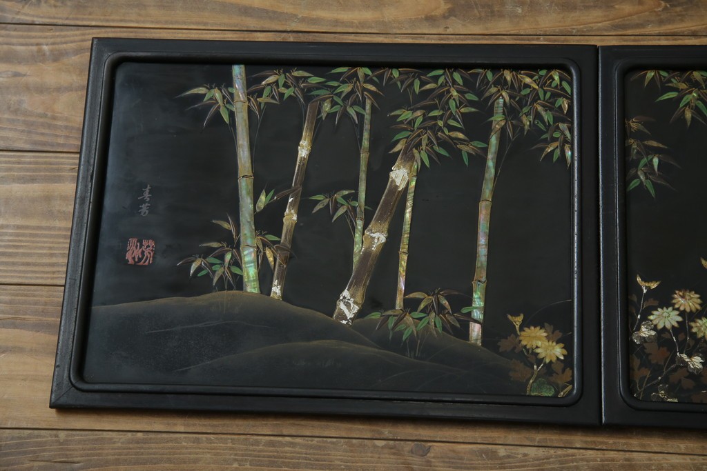 和製アンティーク　唐木　繊細な漆絵が美しい飾り棚　(R-055142)