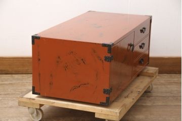 中古　美品　工芸家具　曙(あけぼの)塗り　漆の朱色が机上のアクセントになる小引き出し(根来塗り、卓上収納、小物収納)(R-055143)