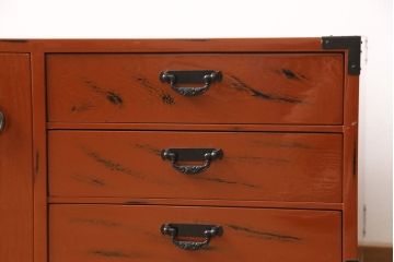 中古　美品　工芸家具　曙(あけぼの)塗り　漆の朱色が机上のアクセントになる小引き出し(根来塗り、卓上収納、小物収納)(R-055143)
