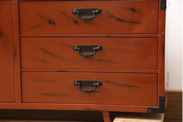 中古　美品　工芸家具　曙(あけぼの)塗り　漆の朱色が机上のアクセントになる小引き出し(根来塗り、卓上収納、小物収納)(R-055143)