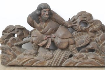 希少　和製アンティーク　欅(ケヤキ)　因幡の白兎(いなばのしろうさぎ)をあしらった彫刻が見事な彫刻欄間(明り取り、明かり取り、ディスプレイ)(R-055158)