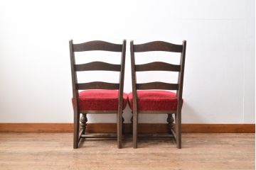 和製ビンテージ　永田良介商店　鮮やかな赤色のファブリックとシックな木色が目を引くダイニングチェア2脚セット(椅子、イス、ヴィンテージ)(R-055194)