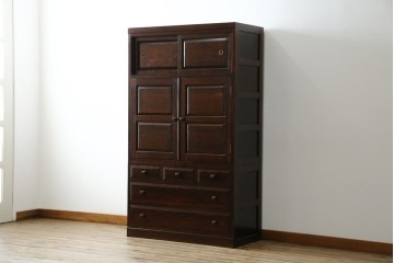 中古　美品　松本民芸家具　直線的なデザインがシックな印象を醸し出すD型和タンス　定価約67万円　(R-055196)