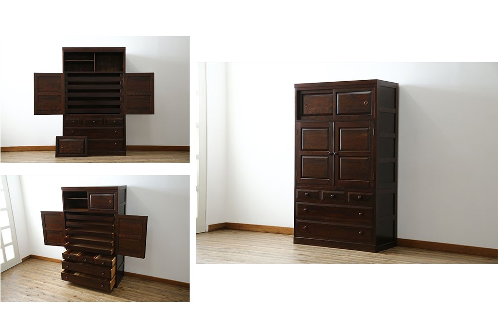 中古　美品　松本民芸家具　直線的なデザインがシックな印象を醸し出すD型和タンス　定価約67万円　(R-055196)