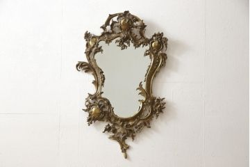 イタリアビンテージ　高級品　繊細で凝ったつくりがお洒落!空間のアクセントになる真鍮製ウォールミラー(壁掛け鏡、ヴィンテージ)(R-055214)