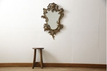 イタリアビンテージ　高級品　繊細で凝ったつくりがお洒落!空間のアクセントになる真鍮製ウォールミラー(壁掛け鏡、ヴィンテージ)(R-055214)