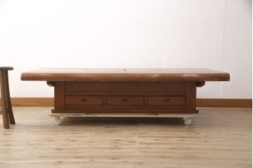 中古　民芸家具　特大　総ケヤキ材　和の趣溢れる囲炉裏テーブル(火鉢、座卓、ローテーブル)(R-055261)