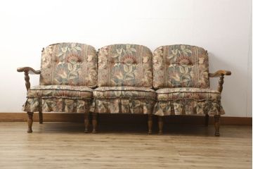 中古　美品　飛騨産業　キツツキ　穂高シリーズ　絵画のようなファブリックが素敵な3人掛けソファ(アームソファ)(R-055301)