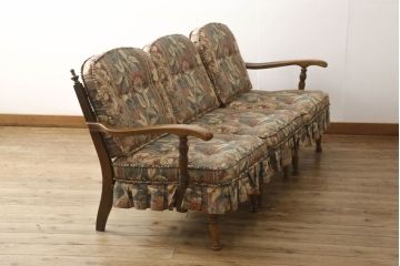 中古　美品　飛騨産業　キツツキ　穂高シリーズ　絵画のようなファブリックが素敵な3人掛けソファ(アームソファ)(R-055301)