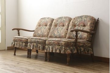 中古　美品　飛騨産業　キツツキ　穂高シリーズ　絵画のようなファブリックが素敵な3人掛けソファ(アームソファ)(R-055301)