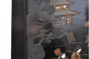  アジアンアンティーク　中国　総漆塗り　漆絵　蒔絵　衝立て(パーテーション、つい立て)(R-055355)